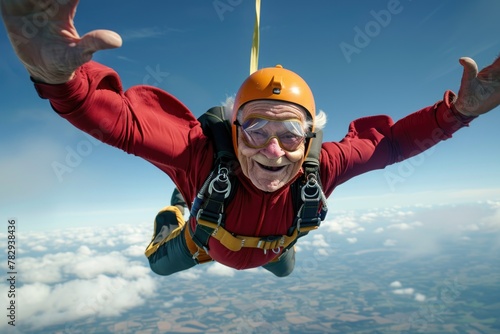 A man flying through the air with a helmet and goggles, suitable for extreme sports concepts