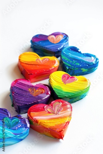 Colorful heart shaped soaps on a white surface, perfect for bathroom or spa concepts