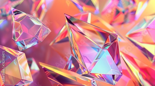 Crystal background with an iridescent texture, faceted gem in 3D.