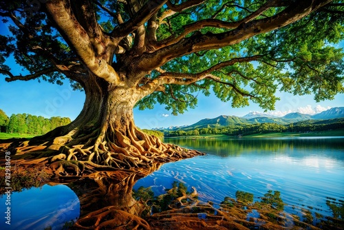 Stunning tree by a serene lake, AI-generated. © Wirestock