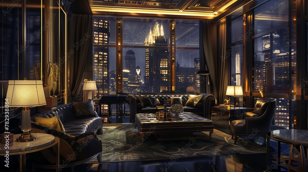 AI generated illustration of a stylish living room with the night city view