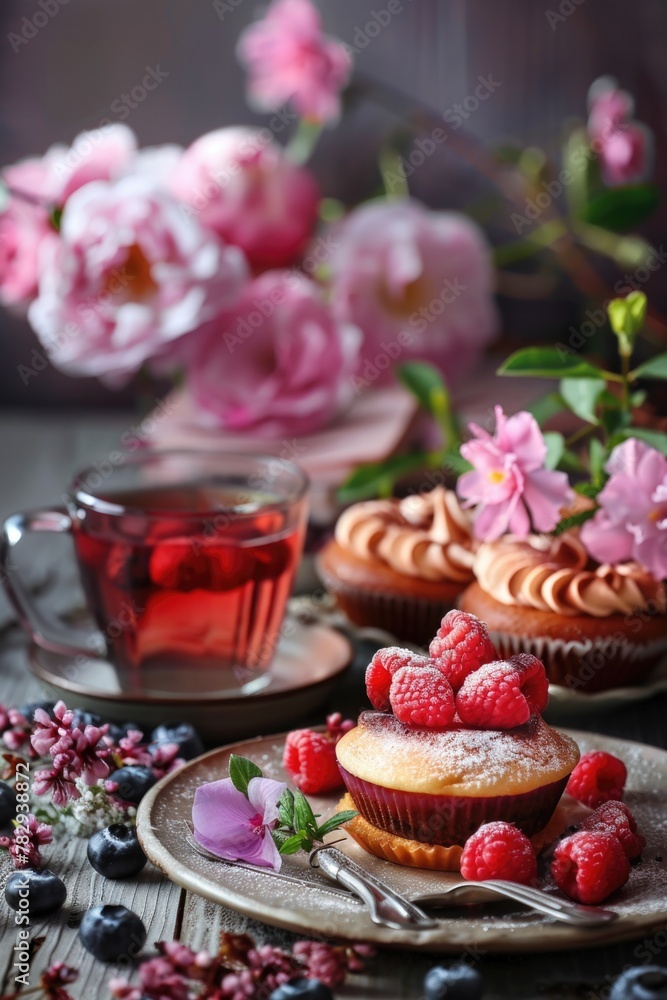 Delicious cupcakes topped with frosting and fresh raspberries. Perfect for bakery or dessert concepts Delicious cupcakes topped with frosting and fresh raspberries. Perfect for bakery or dessert concepts