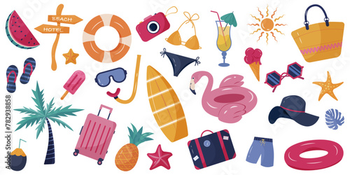 Big collection of summer beach elements, luggage and travel accessories with swimming suits, flamingo cocktails and watermelons. Flat vector illustration set on white background. Hand drawn 