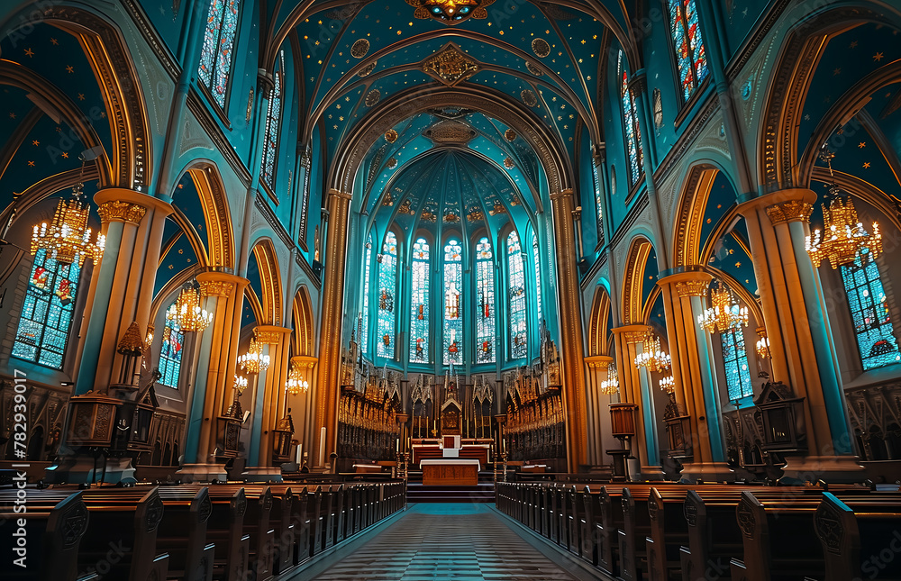AI-generated illustration of a cathedral interior with elegant chandeliers and tall vaulted ceilings