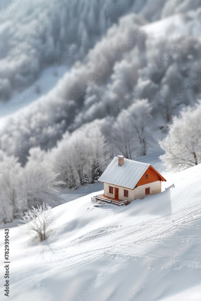 A small house surrounded by snow, perfect for winter themes