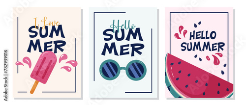 Set of summer posters with watermelon, sunglasses and ice cream on a white background as flat vector illustrations.  The set collection could be used for designing greeting cards, posters or banners.