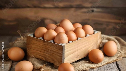 Brown chicken eggs from a farm in a box on the table.