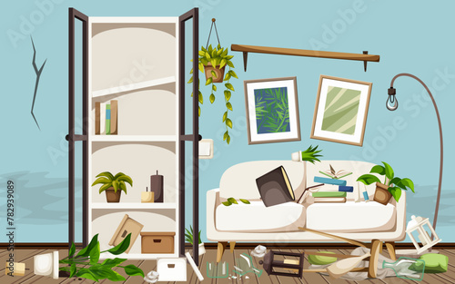 Messy living room interior with blue walls, a white sofa, a broken bookcase and a bookshelf, wilted houseplants, and scuttered stuff. Messy cluttered room. Total mess. Cartoon vector illustration