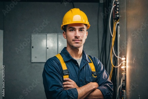 portrait of electrician, photo of employee at the workplace