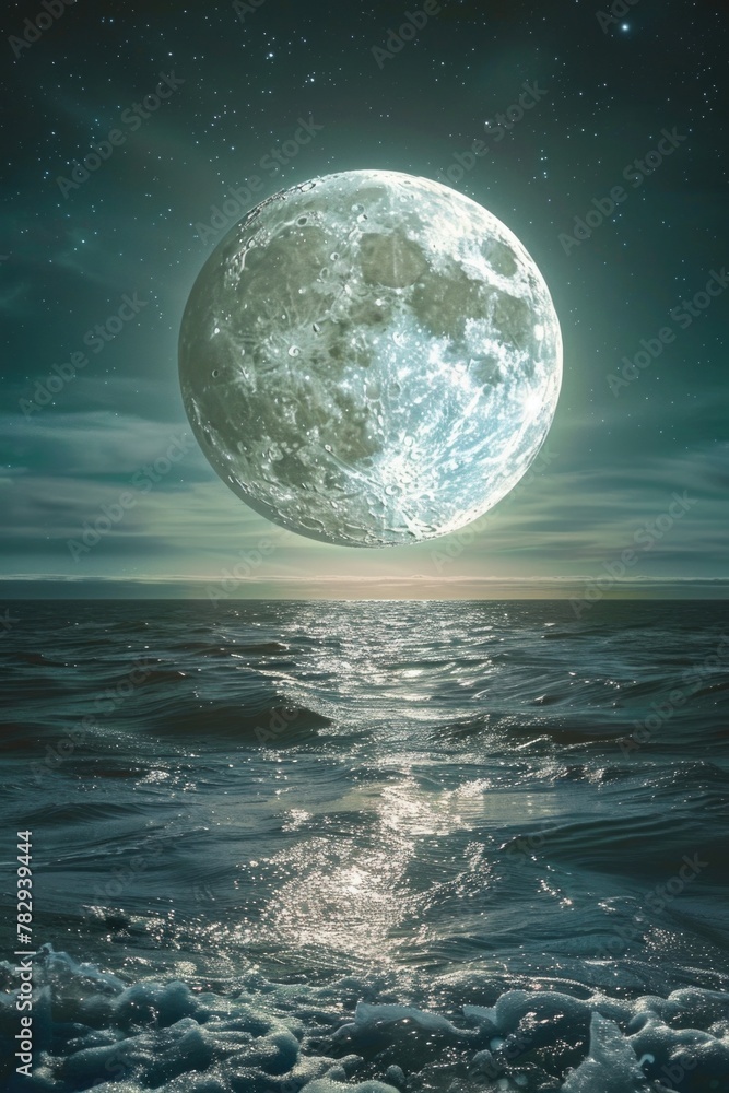 A stunning view of a full moon rising over a tranquil body of water. Ideal for nature and night sky themes A stunning view of a full moon rising over a tranquil body of water. Ideal for nature and night sky themes