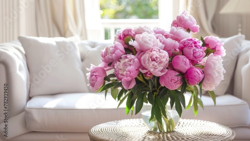 pink peonies adorning a vase atop a round woven podium, set within the serene ambiance of a white room accented by a cozy sofa and light carpet, bathed in bright, airy natural light. © lililia