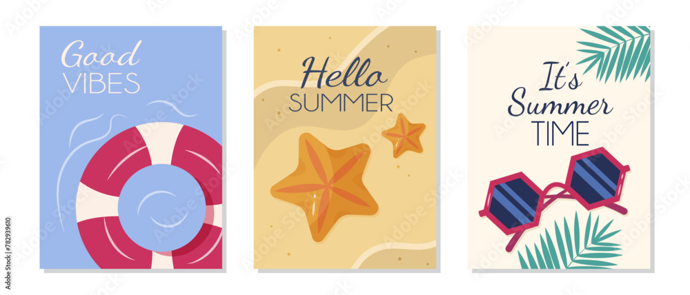 Set of summer posters with beach elements like a life ring and sunglasses. Vector illustrations for social media, Instagram stories or web banners with the text 