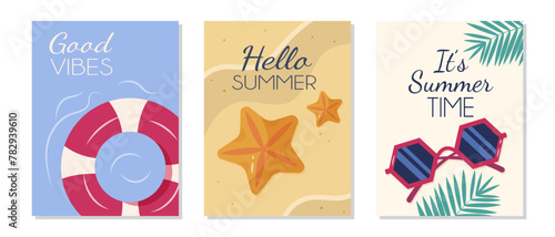 Set of summer posters with beach elements like a life ring and sunglasses. Vector illustrations for social media, Instagram stories or web banners with the text "Good vibes" and "Hello Summer".