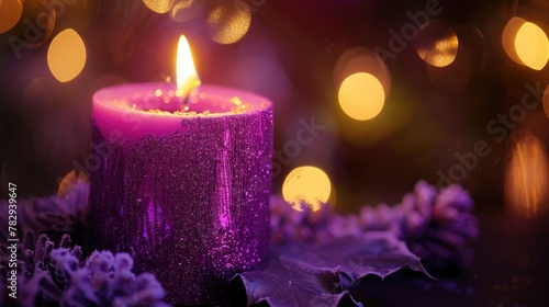 A purple candle sitting on a table, suitable for home decor