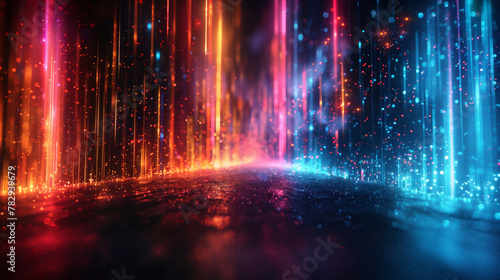 Futuristic abstract background  colorful bright neon rays and glowing lines. Bokeh effect. AI generative