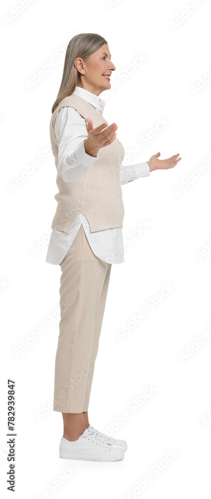 Senior woman greeting someone on white background
