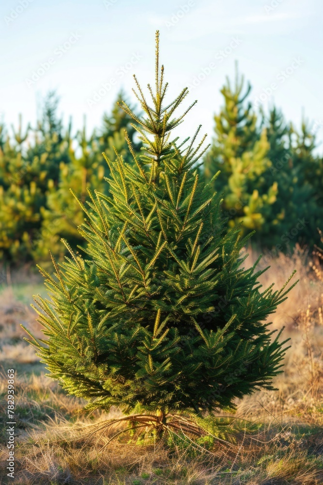 A lone pine tree standing in a vast field. Perfect for nature and landscape backgrounds A lone pine tree standing in a vast field. Perfect for nature and landscape backgrounds