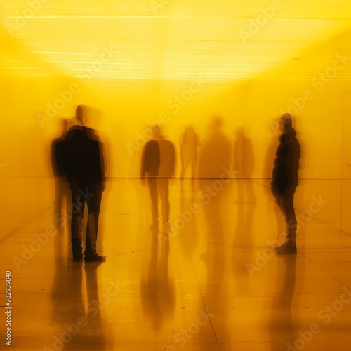 people in a yellow room with their backs turned towards the sun