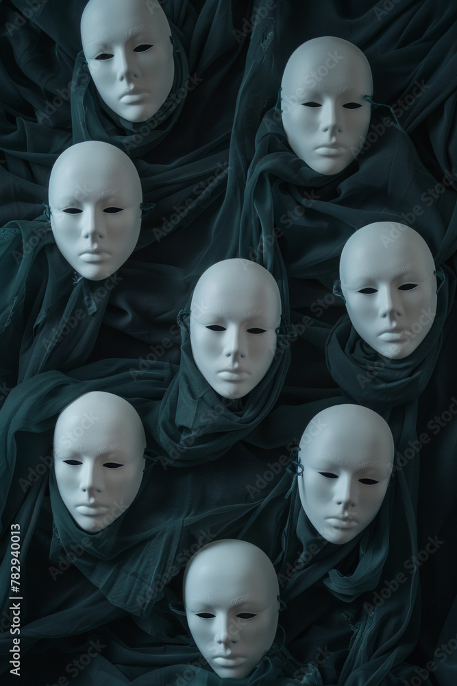 A collection of emotionless white masks on a black wall