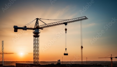 Silhouetted tower cranes against a dramatic sunset, marking the end of a day on the construction site.. AI Generation