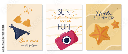 A set of summer posters with a camera, swimming suit and starfish. Vector illustration in flat style design for a banner, poster or greeting card template.