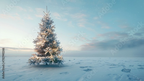 Snow covered Christmas tree in a winter landscape. Ideal for holiday and winter themed designs