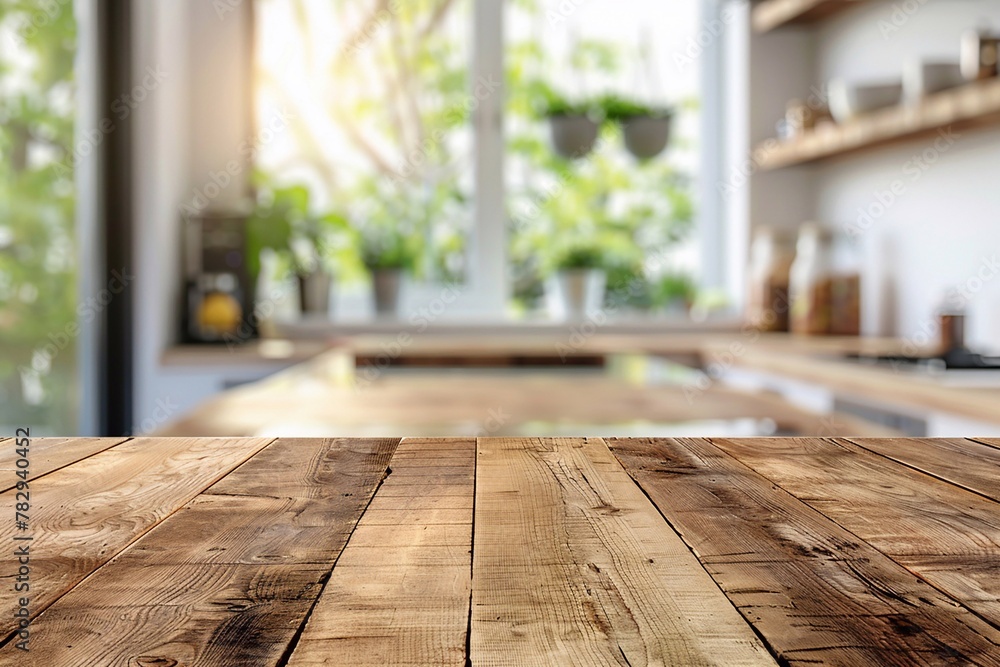 Wooden table mockup on kitchen blurred background for product display. Wooden table mockup on kitchen blurred background for product display.
