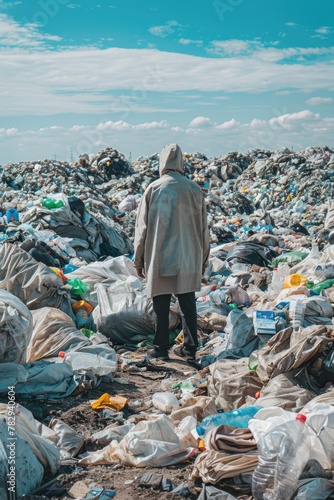 A person standing in a large pile of garbage. Suitable for environmental themes