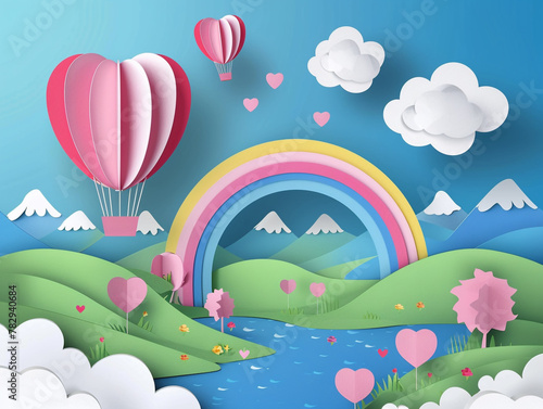 Abstract of nature landscape view scene with cloud, pond, rainbow and heart shape hot air balloons float up on sky © Aisyaqilumar