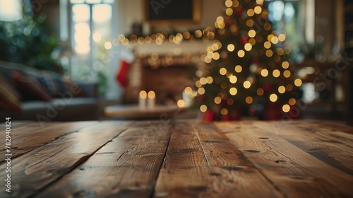 A festive Christmas scene with a decorated tree on a wooden table. Ideal for holiday concepts