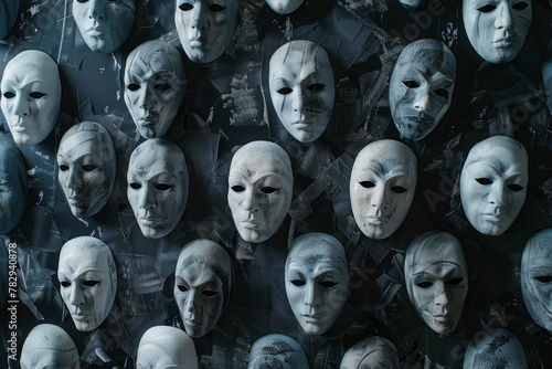 A collection of emotionless white masks on a black wall photo