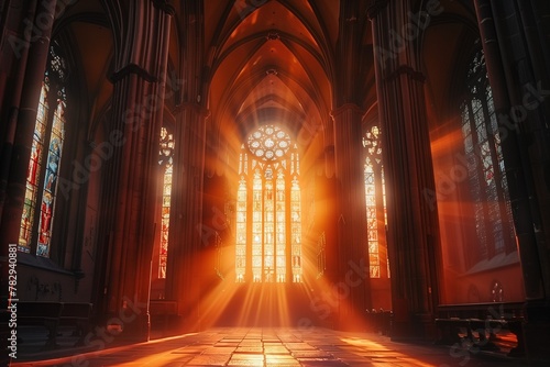 an image of a church setting with many stained windows and a light coming from the