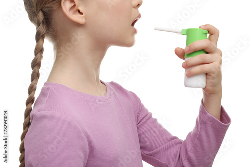 Little girl using throat spray on white background, closeup