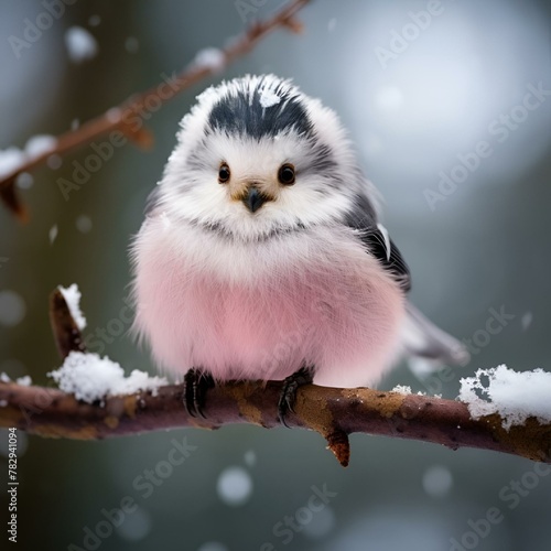 AI generated illustration of a tiny bird perched on a snow-covered winter branch