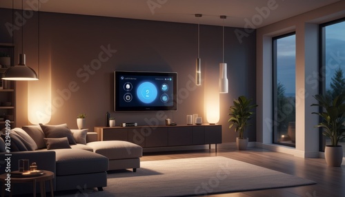 Cozy evening at home with an advanced smart home entertainment system displaying a user interface, offering modern comfort and technology.. AI Generation. AI Generation