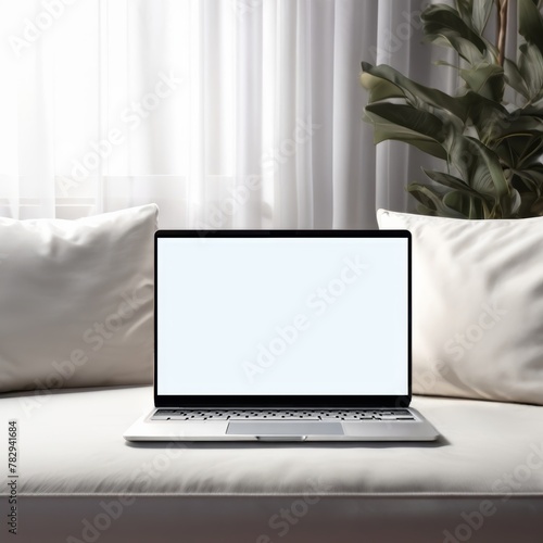 Open modern laptop with blank white screen on sofa in living room interior mockup. Empty laptop screen on table in modern room interior background, mockup