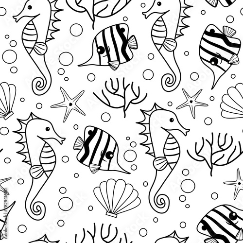 Cute hand drawn black and white seamless vector pattern background illustration with fishes, corals, starfishes, seahorses and seashell for coloring art