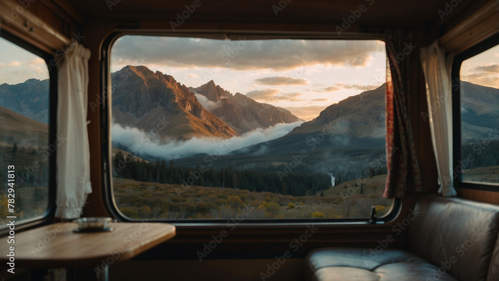 AI-generated illustration of an Empty train car with a mountain view through windows and seats