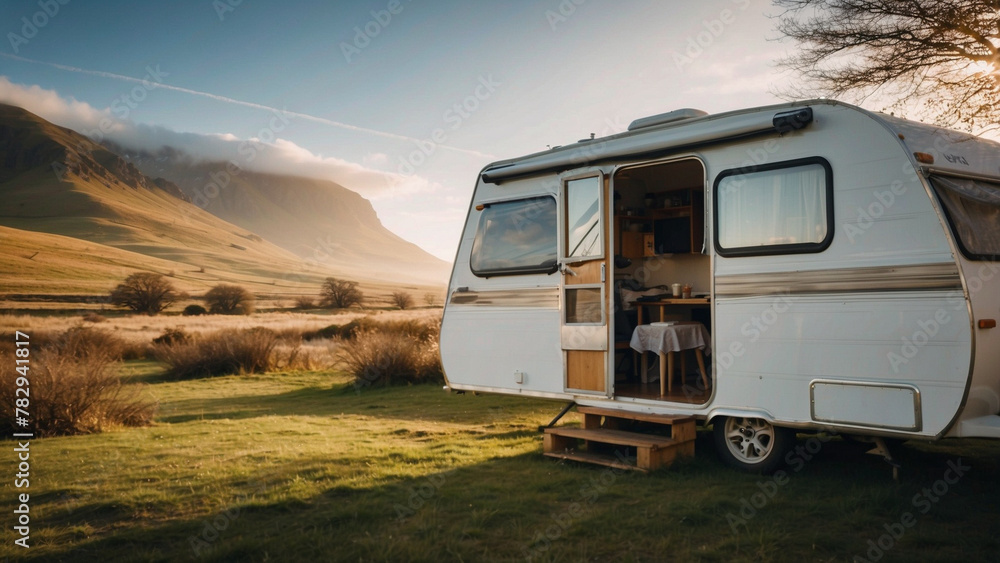 AI-generated illustration of A tiny camping trailer in a field with a mountain backdrop