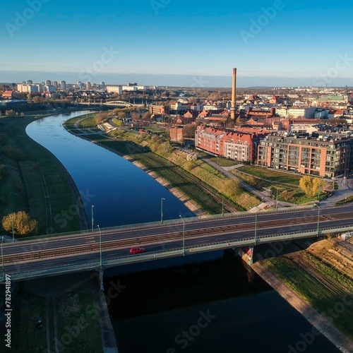 Bird's eye view of a bridge over the Warta river in Poznan, Poland