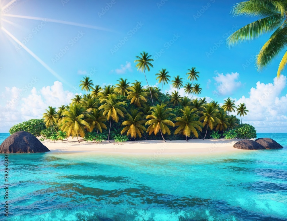 Tropical Island with Palm Trees and Rocks