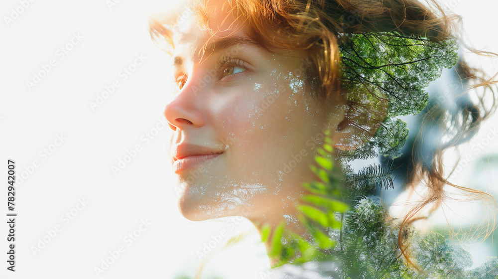 Within the area with a white background, the Double Exposure of the person, family, woman reflects a joyful expression. A livable world happy concept.