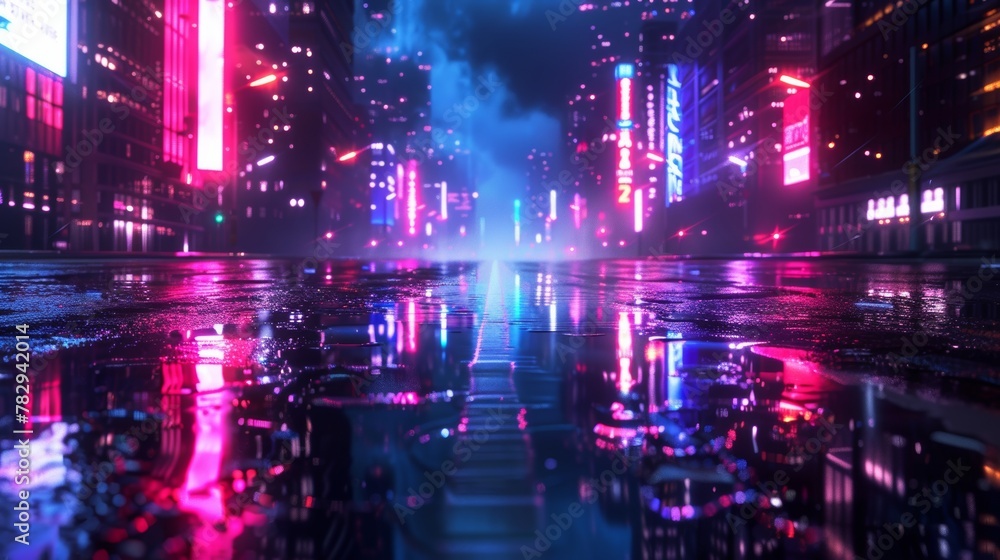 Concept for night life, business district center (CBD), cyber punk theme, tech background. 3D render of neon mega city with light reflection from puddles on street.