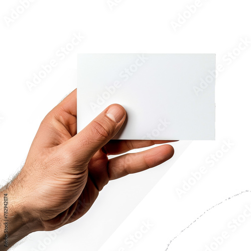 Male hand holding a blank card or a ticket/flyer, cut out, isolated on transparent background. 