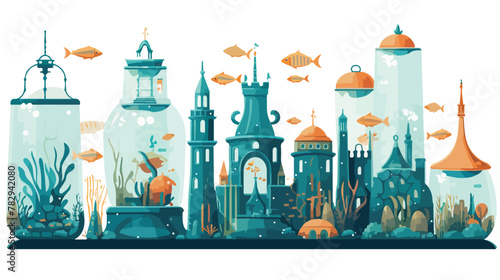 An underwater city with glass domes and marine life.