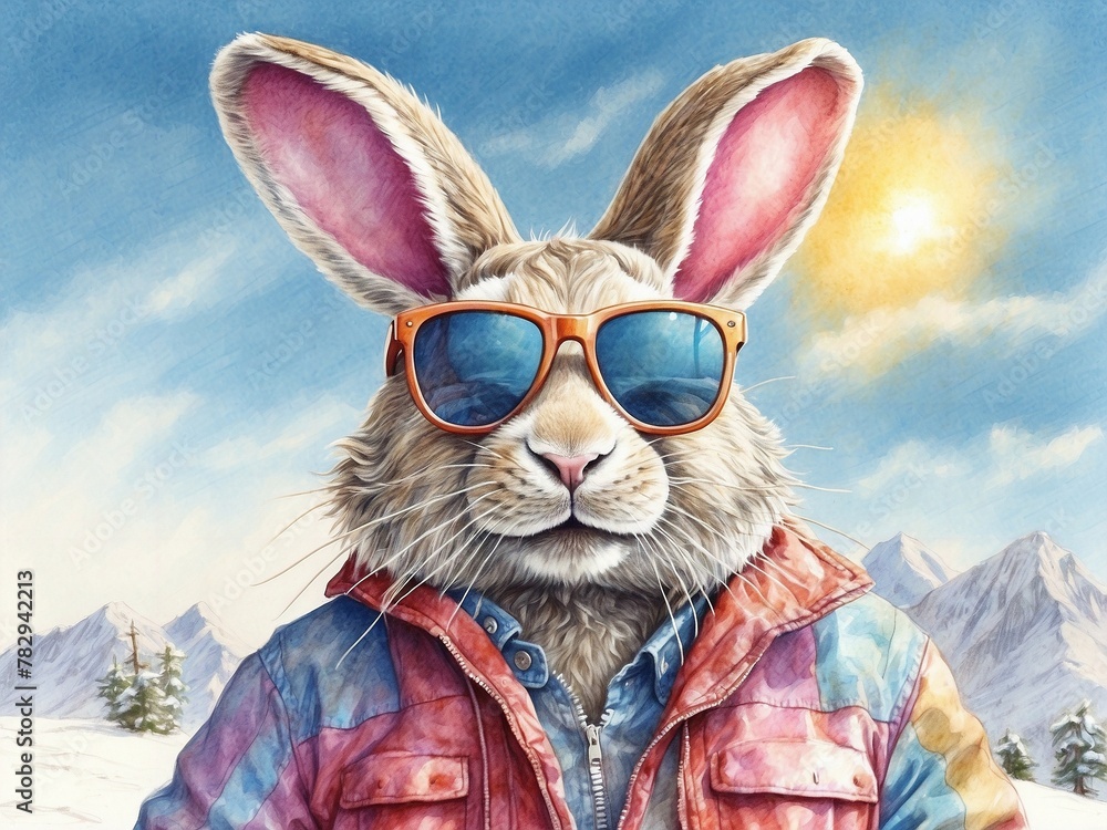 AI generated illustration of A rabbit in sunglasses and a jacket sitting on snow