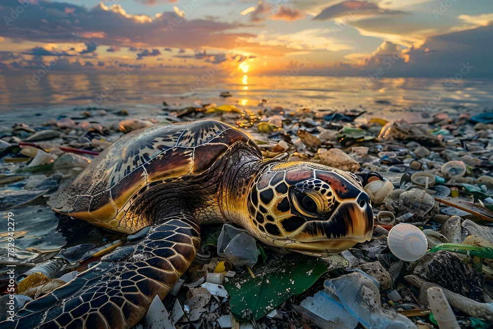 Żółw na plaży nad brzegiem morza w zanieczyszczonym środowisku - obrazy, fototapety, plakaty 
