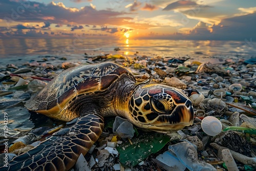 Żółw na plaży nad brzegiem morza w zanieczyszczonym środowisku