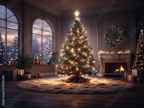 an illuminated christmas tree in front of a fireplace with presents