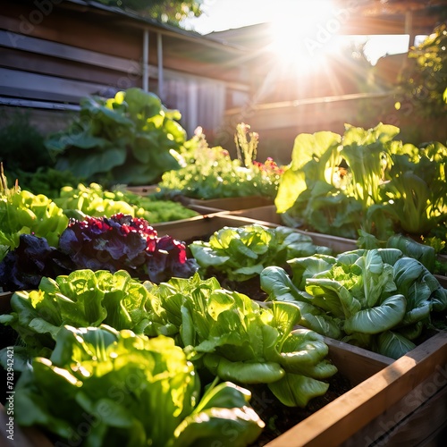 Growing vegetables on raised wooden bed in backyard garden, vegetable growing concept. Small urban backyard garden contains raised planting beds for growing salad greens and herbs throughout summer
